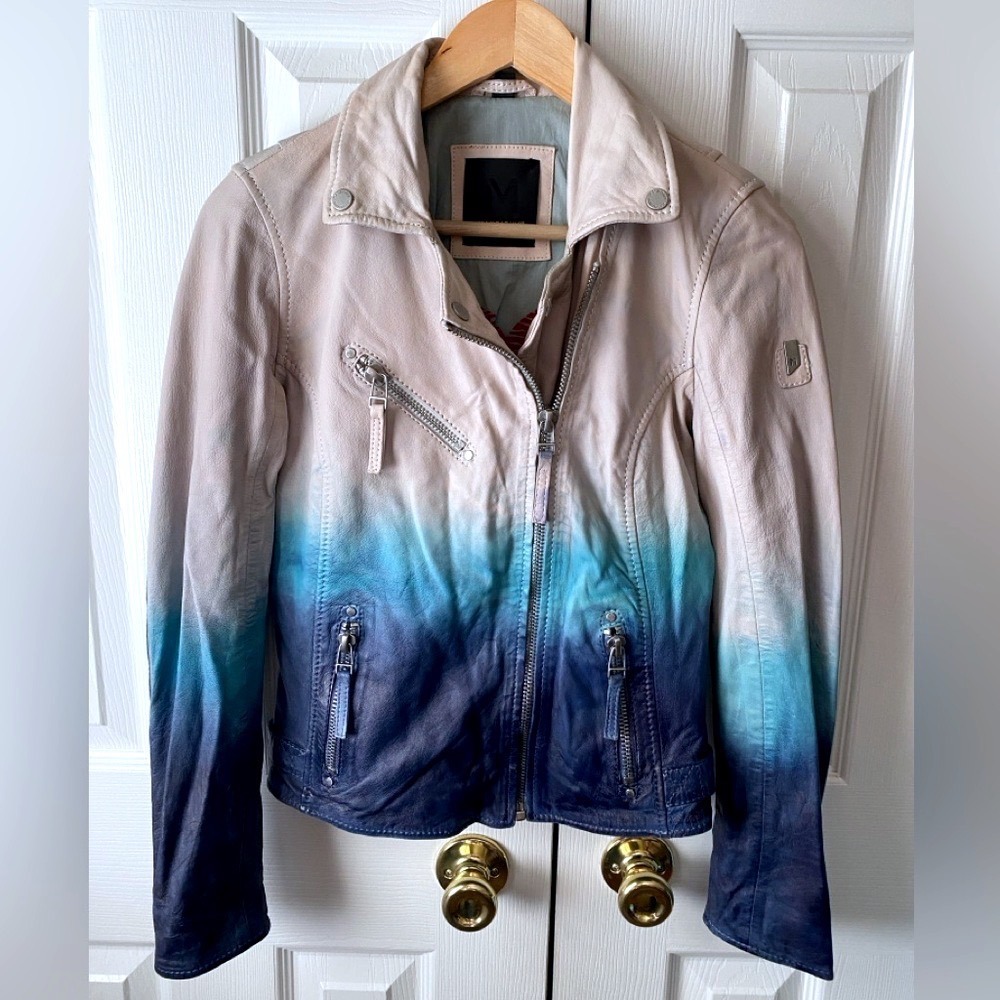 M MAURITIUS Blue Ombré Dip-Dyed 100% Lamb Leather Moto‎ Biker Jacket XS